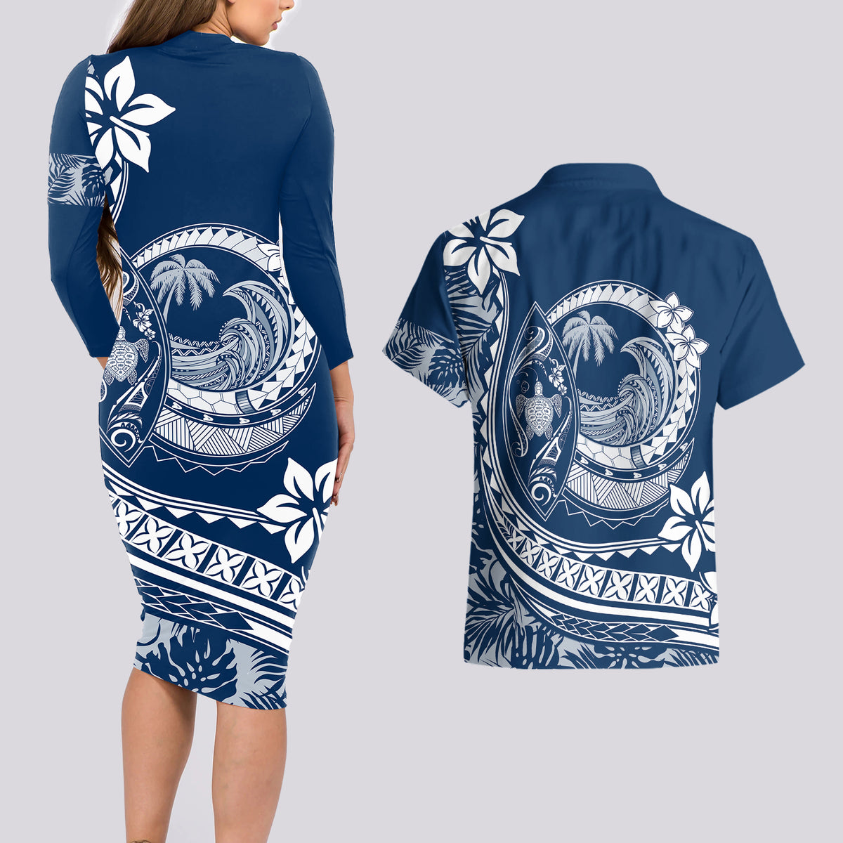 Polynesian Plumeria Couples Matching Long Sleeve Bodycon Dress and Hawaiian Shirt Ride The Waves - Navy Blue LT7 - Wonder Print Shop