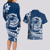 Polynesian Plumeria Couples Matching Long Sleeve Bodycon Dress and Hawaiian Shirt Ride The Waves - Navy Blue LT7 - Wonder Print Shop