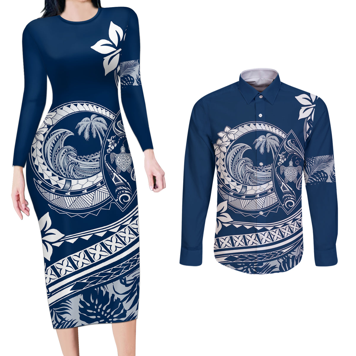 Polynesian Plumeria Couples Matching Long Sleeve Bodycon Dress and Long Sleeve Button Shirts Ride The Waves - Navy Blue LT7 - Wonder Print Shop
