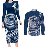 Polynesian Plumeria Couples Matching Long Sleeve Bodycon Dress and Long Sleeve Button Shirts Ride The Waves - Navy Blue LT7 - Wonder Print Shop