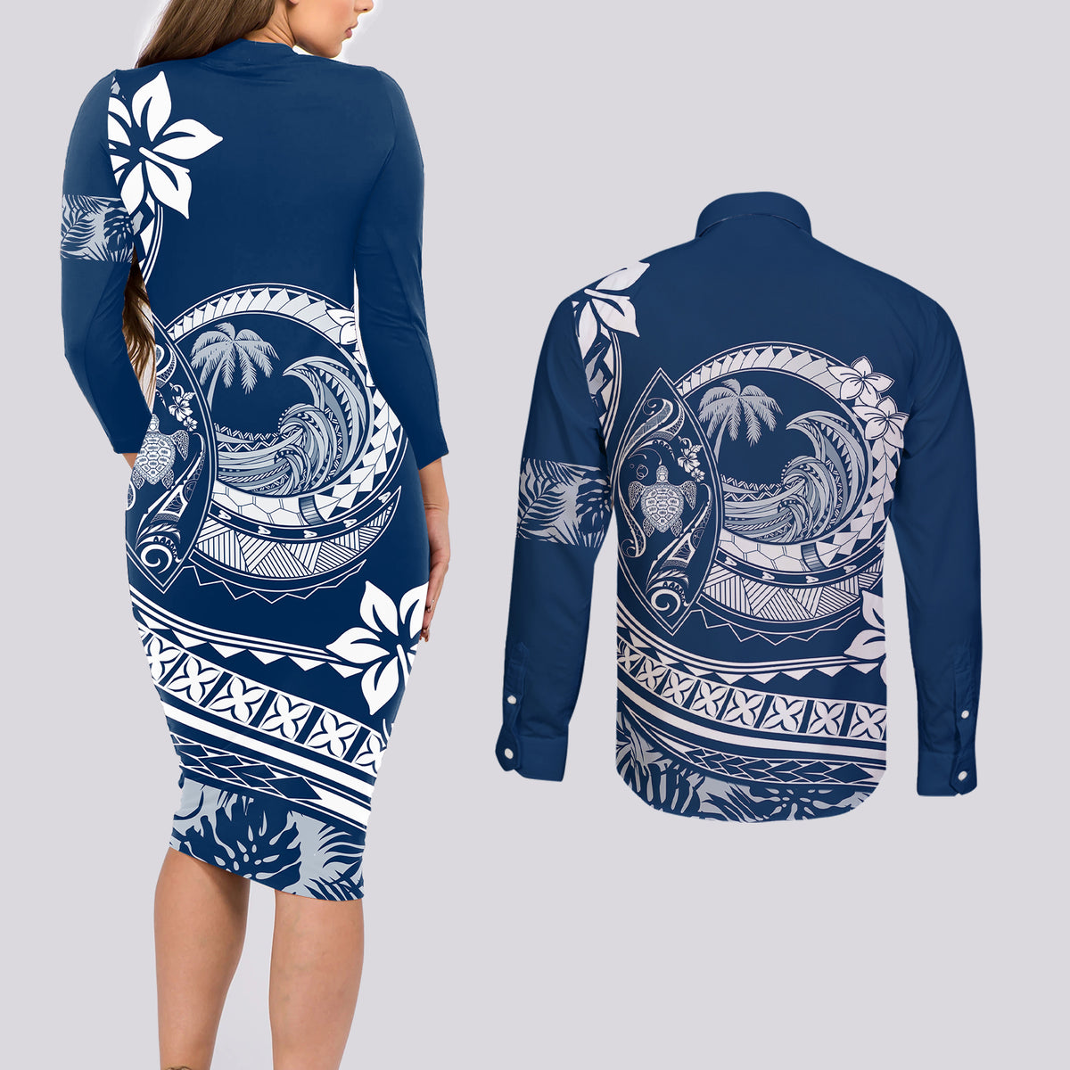 Polynesian Plumeria Couples Matching Long Sleeve Bodycon Dress and Long Sleeve Button Shirts Ride The Waves - Navy Blue LT7 - Wonder Print Shop