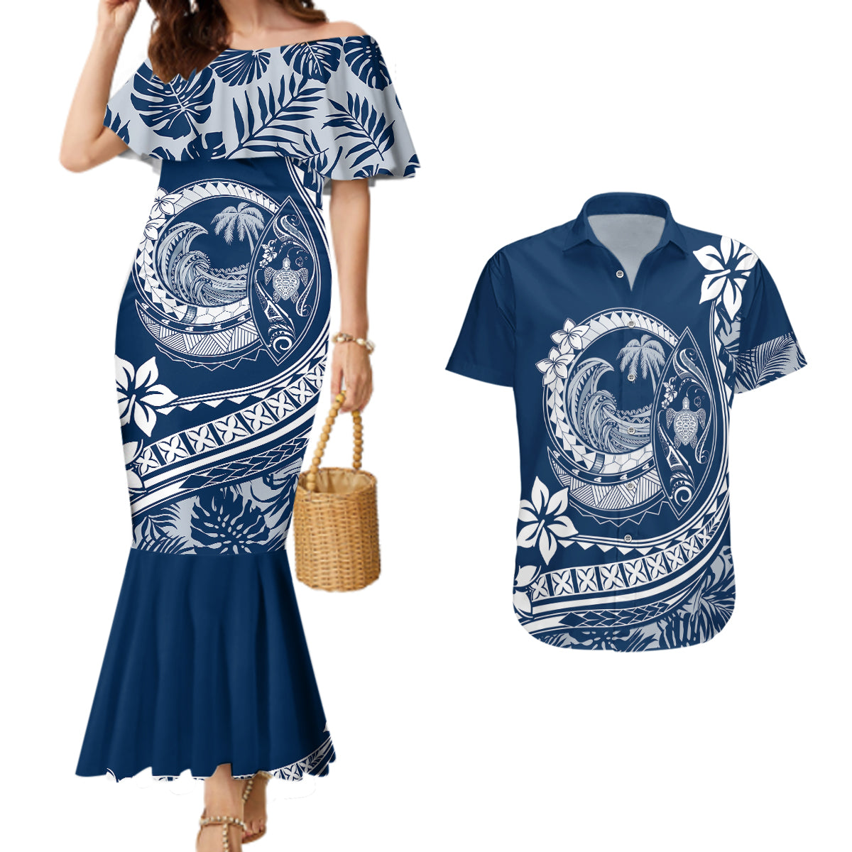 Polynesian Plumeria Couples Matching Mermaid Dress And Hawaiian Shirt Ride The Waves - Navy Blue LT7 - Wonder Print Shop