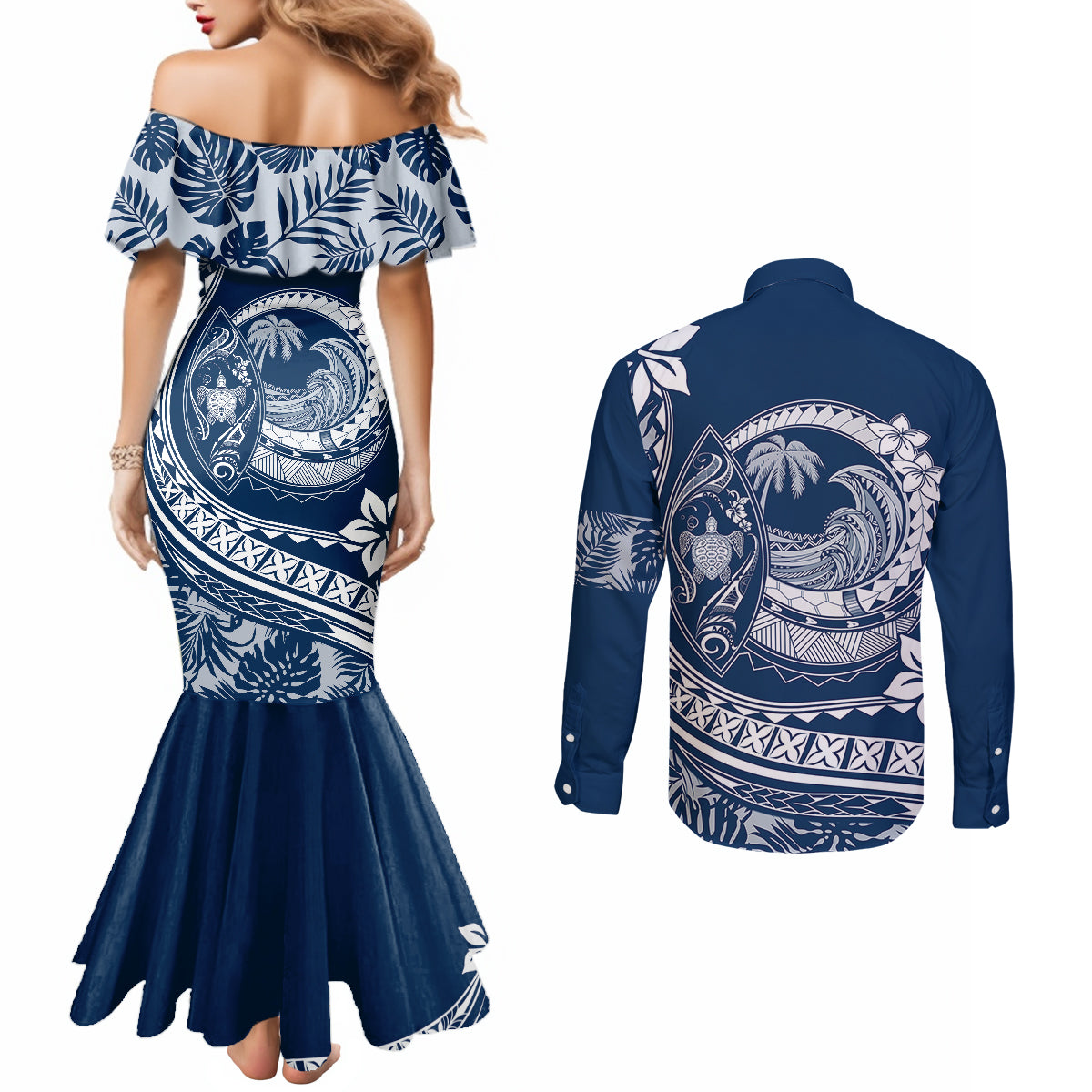 polynesian-plumeria-couples-matching-mermaid-dress-and-long-sleeve-button-shirts-ride-the-waves-navy-blue