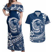 Polynesian Plumeria Couples Matching Off Shoulder Maxi Dress and Hawaiian Shirt Ride The Waves - Navy Blue LT7 - Wonder Print Shop