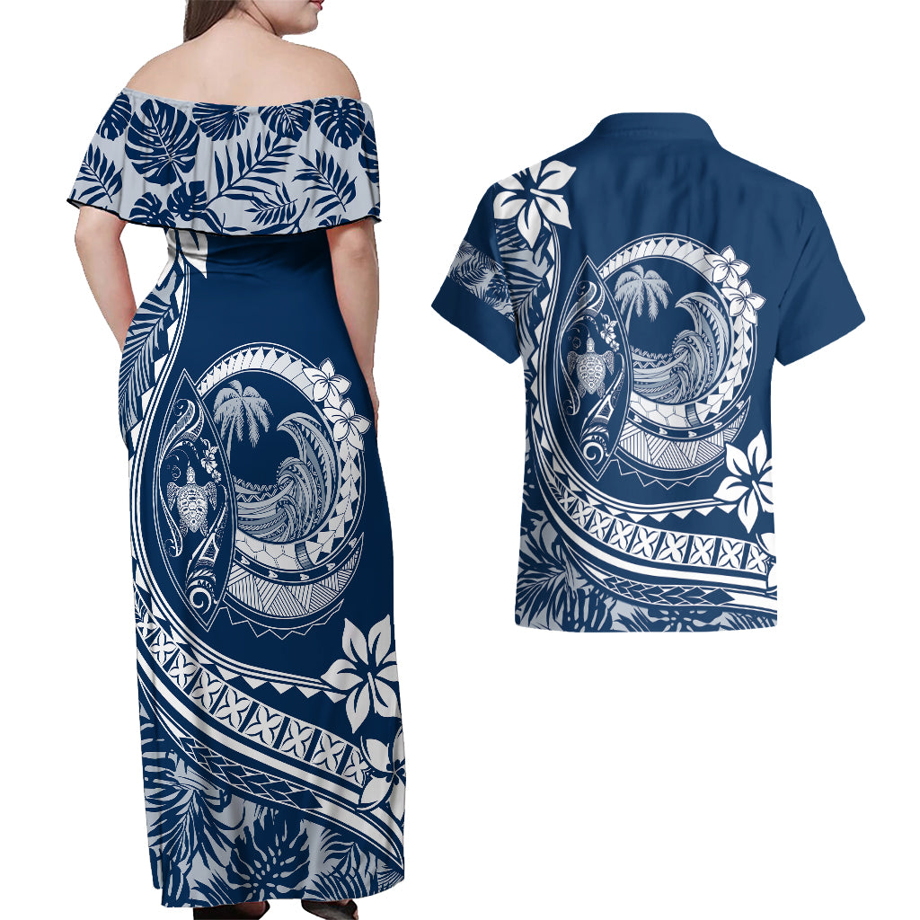 Polynesian Plumeria Couples Matching Off Shoulder Maxi Dress and Hawaiian Shirt Ride The Waves - Navy Blue LT7 - Wonder Print Shop