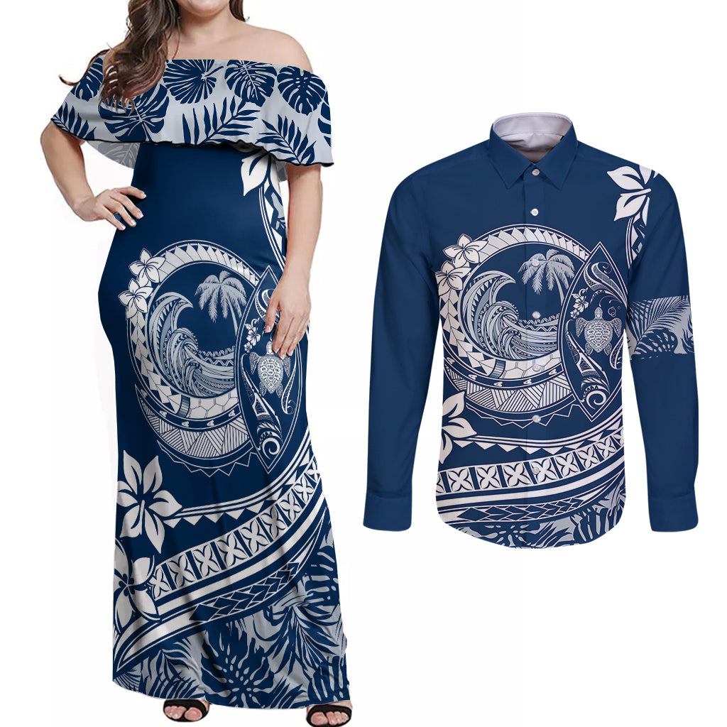 Polynesian Plumeria Couples Matching Off Shoulder Maxi Dress and Long Sleeve Button Shirts Ride The Waves - Navy Blue LT7 - Wonder Print Shop