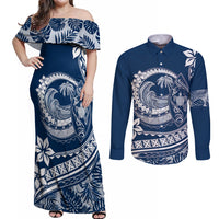 Polynesian Plumeria Couples Matching Off Shoulder Maxi Dress and Long Sleeve Button Shirts Ride The Waves - Navy Blue LT7 - Wonder Print Shop
