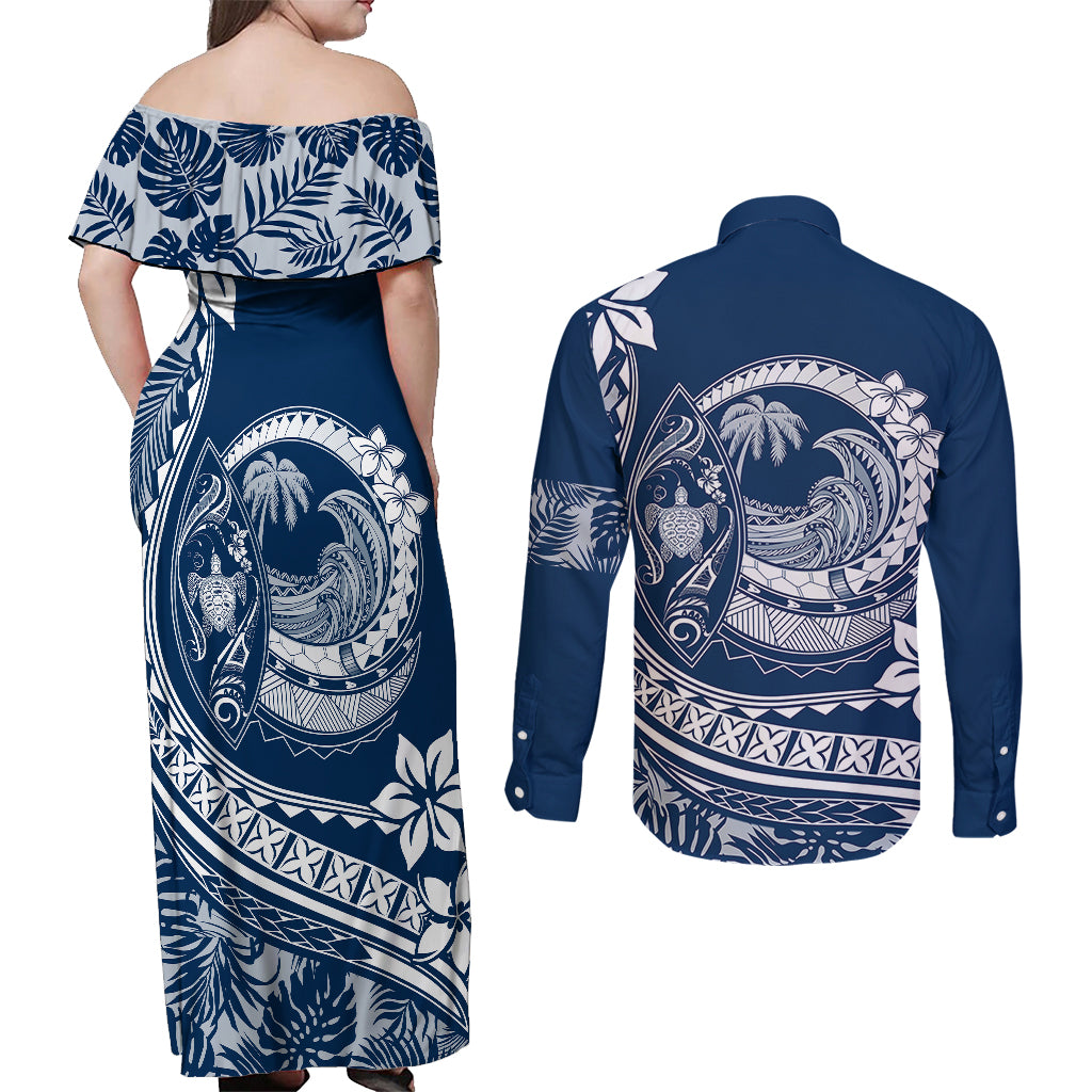 Polynesian Plumeria Couples Matching Off Shoulder Maxi Dress and Long Sleeve Button Shirts Ride The Waves - Navy Blue LT7 - Wonder Print Shop