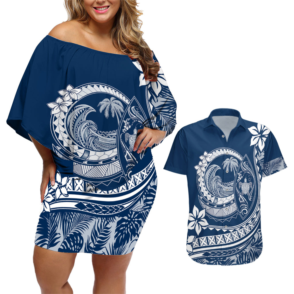 Polynesian Plumeria Couples Matching Off Shoulder Short Dress and Hawaiian Shirt Ride The Waves - Navy Blue LT7 - Wonder Print Shop