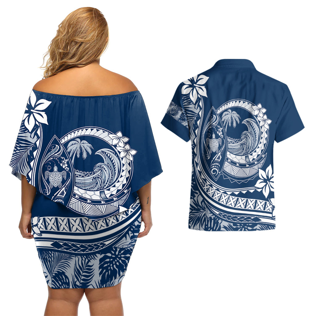 Polynesian Plumeria Couples Matching Off Shoulder Short Dress and Hawaiian Shirt Ride The Waves - Navy Blue LT7 - Wonder Print Shop