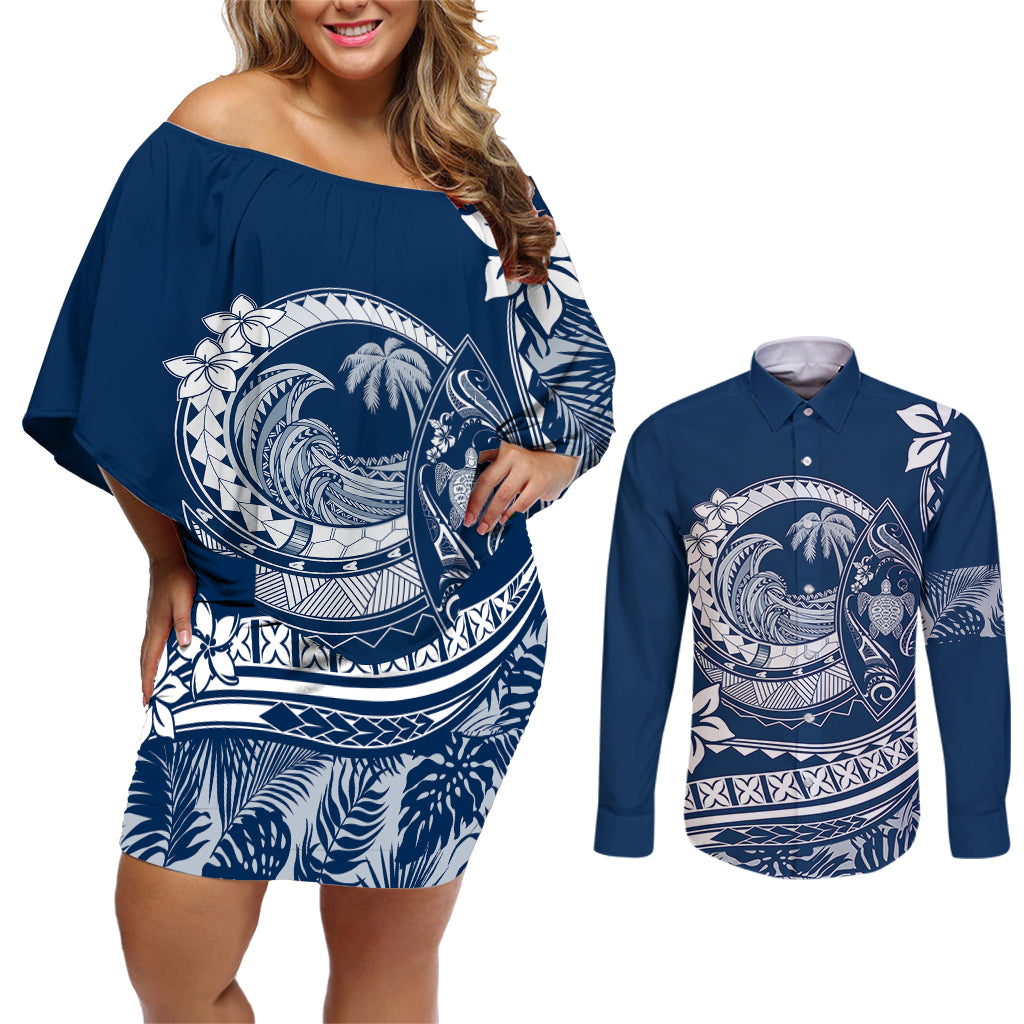 Polynesian Plumeria Couples Matching Off Shoulder Short Dress and Long Sleeve Button Shirts Ride The Waves - Navy Blue LT7 - Wonder Print Shop