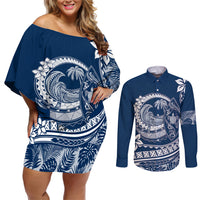Polynesian Plumeria Couples Matching Off Shoulder Short Dress and Long Sleeve Button Shirts Ride The Waves - Navy Blue LT7 - Wonder Print Shop