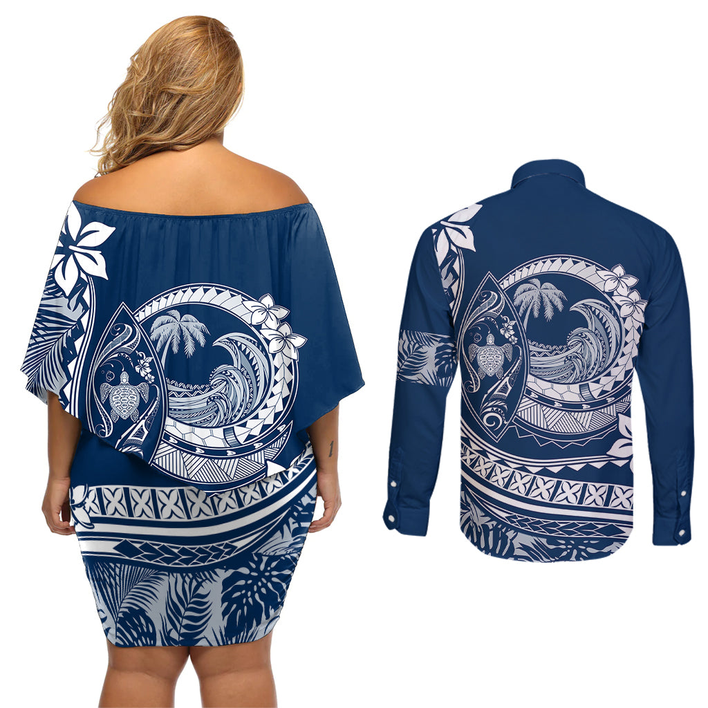 Polynesian Plumeria Couples Matching Off Shoulder Short Dress and Long Sleeve Button Shirts Ride The Waves - Navy Blue LT7 - Wonder Print Shop