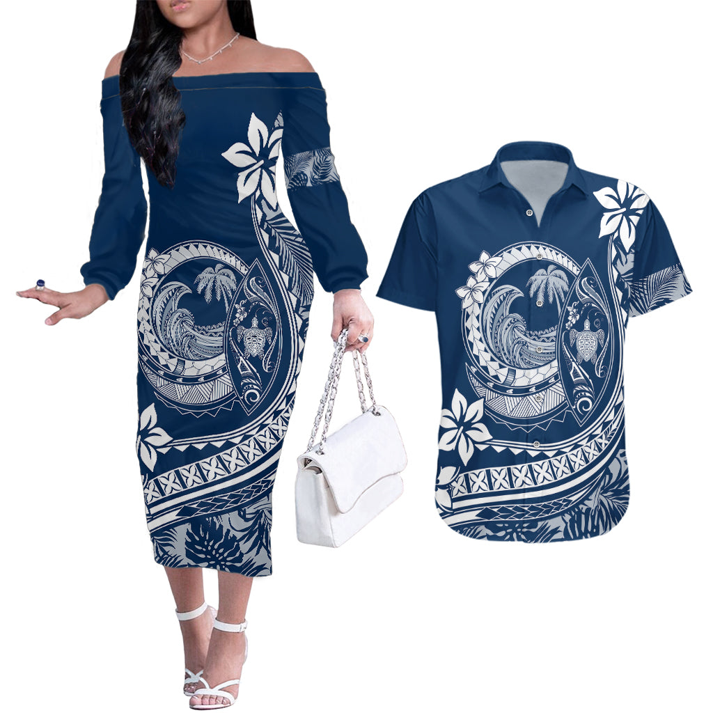 Polynesian Plumeria Couples Matching Off The Shoulder Long Sleeve Dress and Hawaiian Shirt Ride The Waves - Navy Blue LT7 - Wonder Print Shop