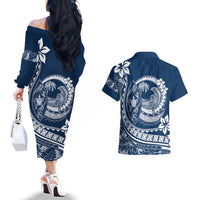 Polynesian Plumeria Couples Matching Off The Shoulder Long Sleeve Dress and Hawaiian Shirt Ride The Waves - Navy Blue LT7 - Wonder Print Shop