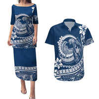 Polynesian Plumeria Couples Matching Puletasi Dress and Hawaiian Shirt Ride The Waves - Navy Blue LT7 - Wonder Print Shop