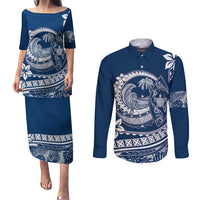 Polynesian Plumeria Couples Matching Puletasi Dress and Long Sleeve Button Shirts Ride The Waves - Navy Blue LT7 - Wonder Print Shop