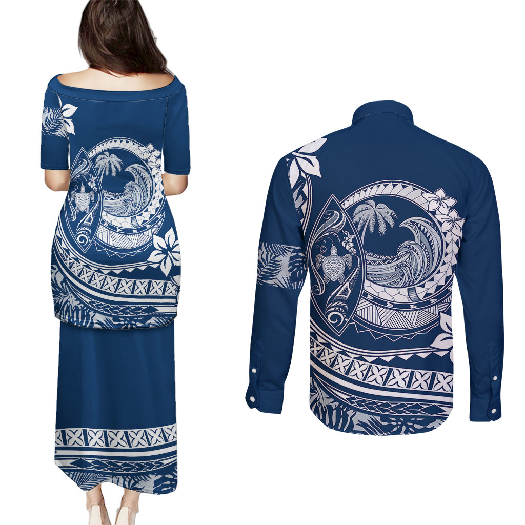 Polynesian Plumeria Couples Matching Puletasi Dress and Long Sleeve Button Shirts Ride The Waves - Navy Blue LT7 - Wonder Print Shop