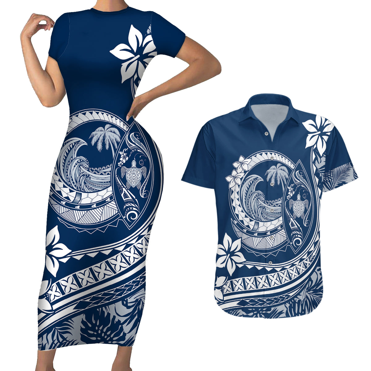 Polynesian Plumeria Couples Matching Short Sleeve Bodycon Dress and Hawaiian Shirt Ride The Waves - Navy Blue LT7 - Wonder Print Shop