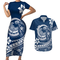 Polynesian Plumeria Couples Matching Short Sleeve Bodycon Dress and Hawaiian Shirt Ride The Waves - Navy Blue LT7 - Wonder Print Shop