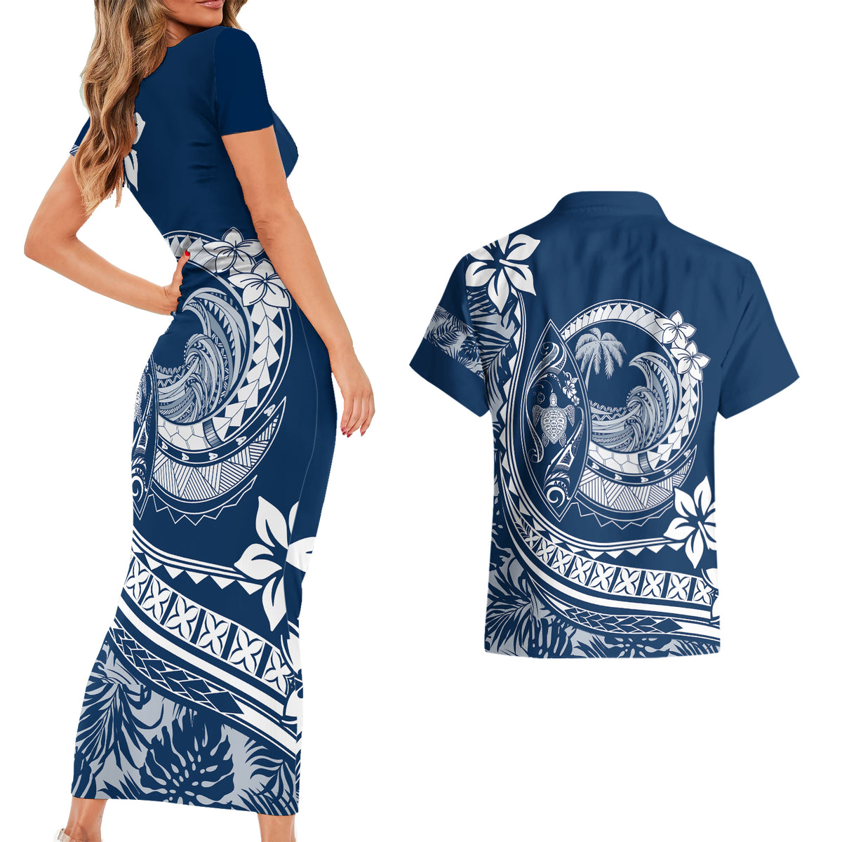 Polynesian Plumeria Couples Matching Short Sleeve Bodycon Dress and Hawaiian Shirt Ride The Waves - Navy Blue LT7 - Wonder Print Shop