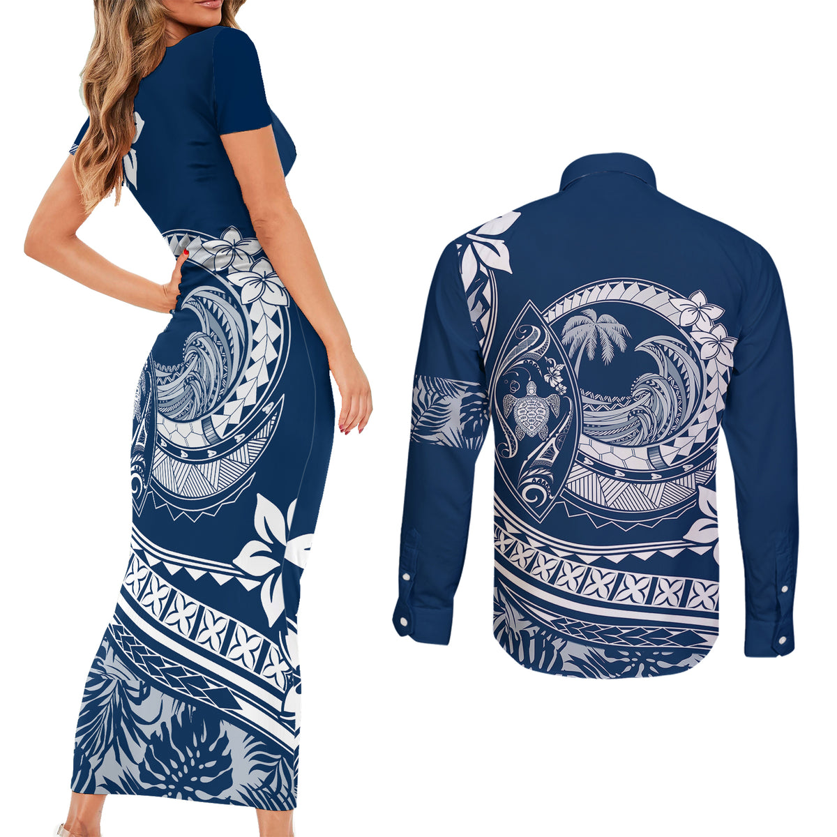 Polynesian Plumeria Couples Matching Short Sleeve Bodycon Dress and Long Sleeve Button Shirts Ride The Waves - Navy Blue LT7 - Wonder Print Shop