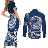Polynesian Plumeria Couples Matching Short Sleeve Bodycon Dress and Long Sleeve Button Shirts Ride The Waves - Navy Blue LT7 - Wonder Print Shop