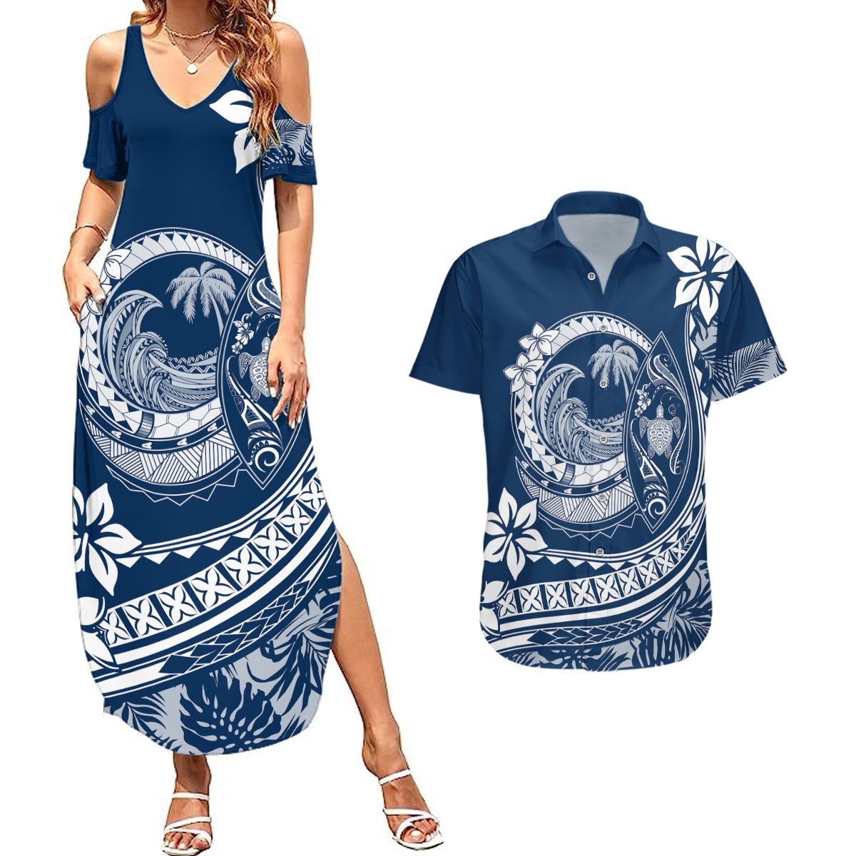 Polynesian Plumeria Couples Matching Summer Maxi Dress and Hawaiian Shirt Ride The Waves - Navy Blue LT7 - Wonder Print Shop