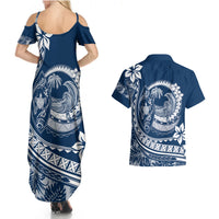 Polynesian Plumeria Couples Matching Summer Maxi Dress and Hawaiian Shirt Ride The Waves - Navy Blue LT7 - Wonder Print Shop