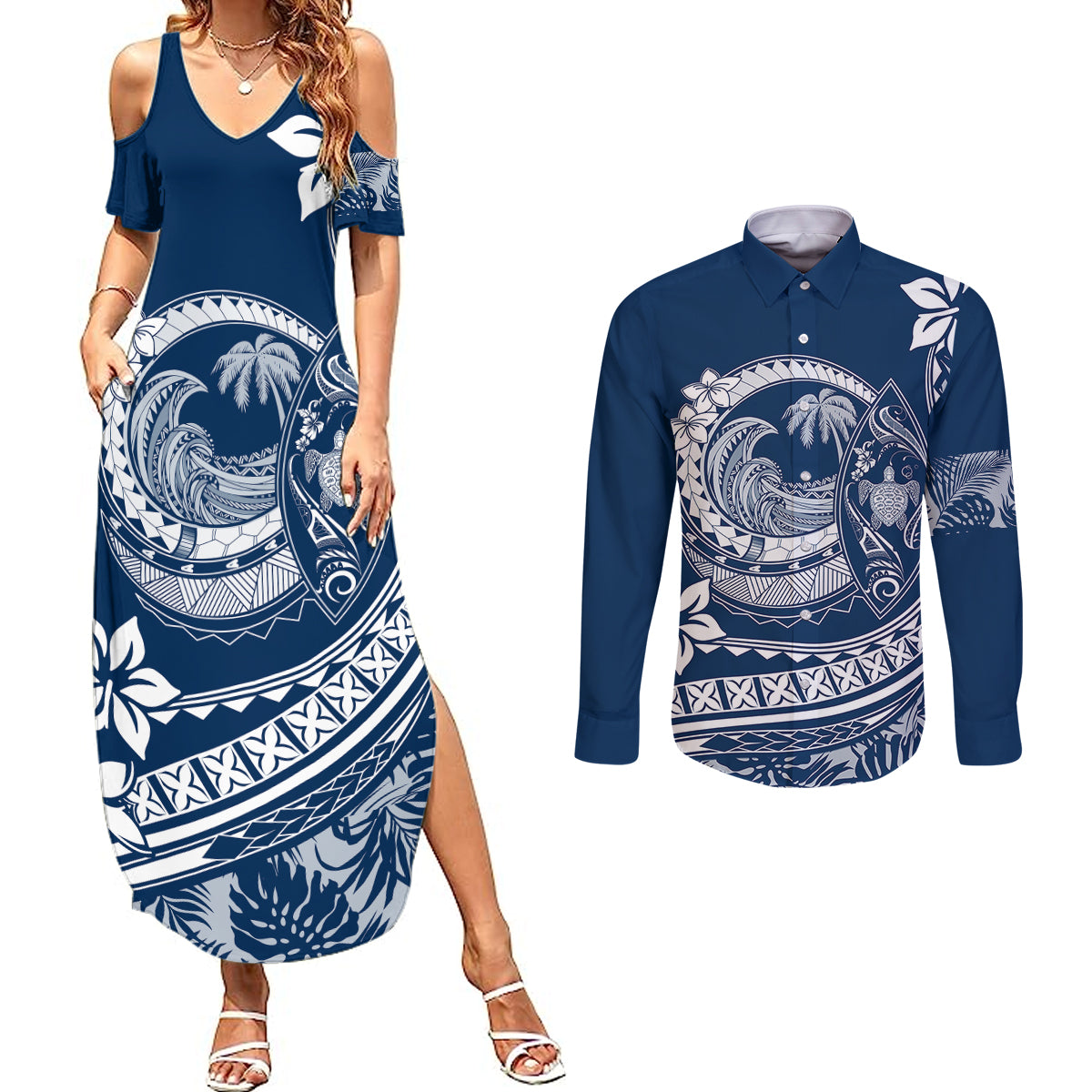 Polynesian Plumeria Couples Matching Summer Maxi Dress and Long Sleeve Button Shirts Ride The Waves - Navy Blue LT7 - Wonder Print Shop