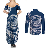 Polynesian Plumeria Couples Matching Summer Maxi Dress and Long Sleeve Button Shirts Ride The Waves - Navy Blue LT7 - Wonder Print Shop
