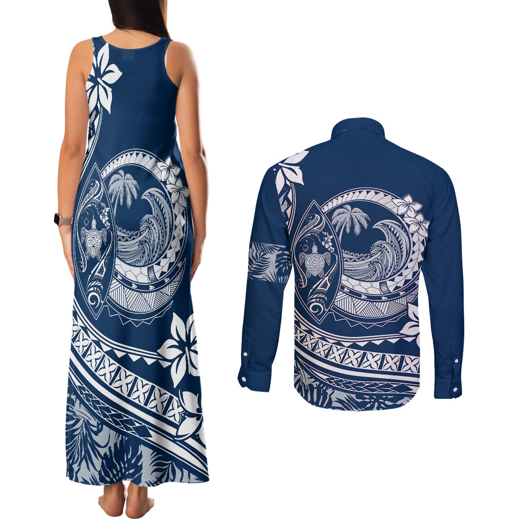 Polynesian Plumeria Couples Matching Tank Maxi Dress and Long Sleeve Button Shirts Ride The Waves - Navy Blue LT7 - Wonder Print Shop