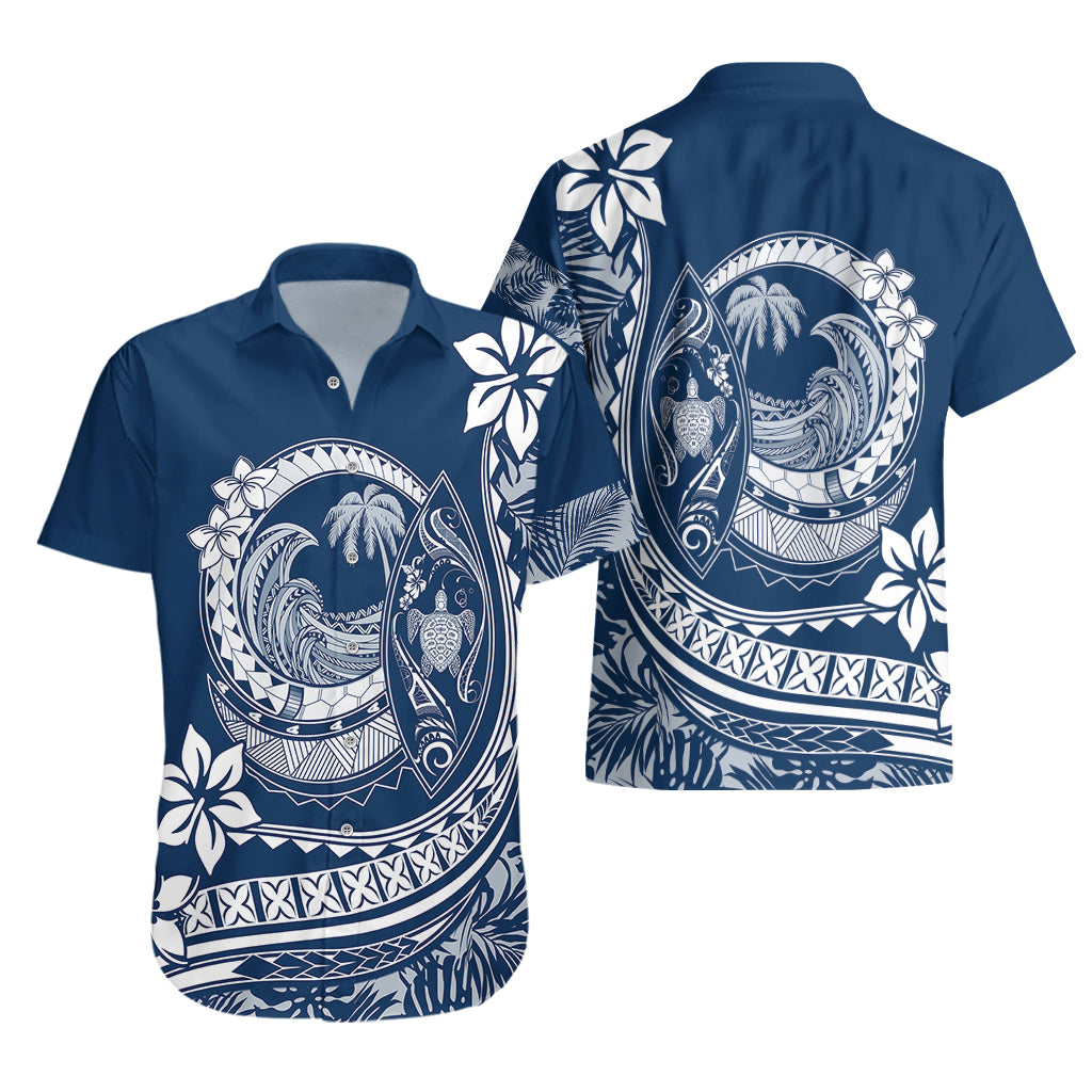 Polynesian Plumeria Hawaiian Shirt Ride The Waves - Navy Blue - Wonder Print Shop
