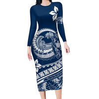 Polynesian Plumeria Long Sleeve Bodycon Dress Ride The Waves - Navy Blue - Wonder Print Shop
