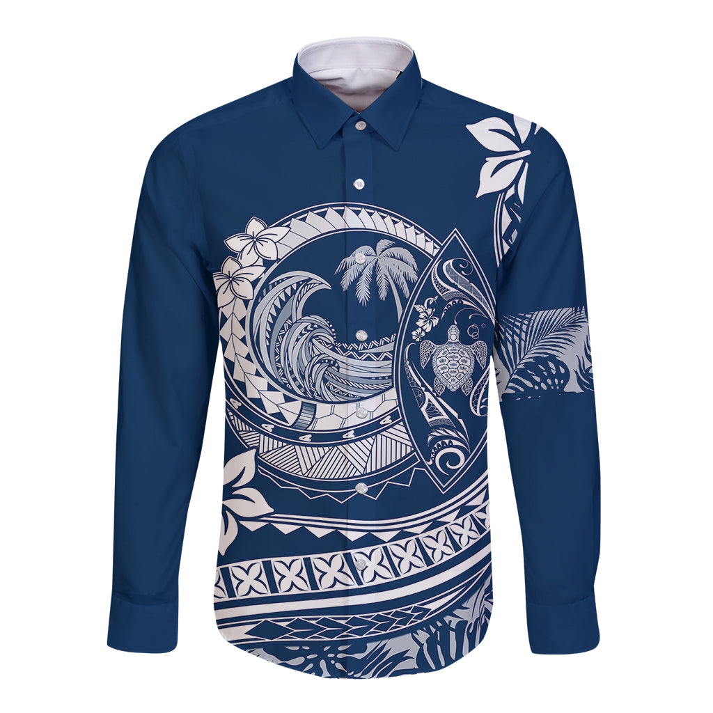 Polynesian Plumeria Long Sleeve Button Shirt Ride The Waves - Navy Blue - Wonder Print Shop