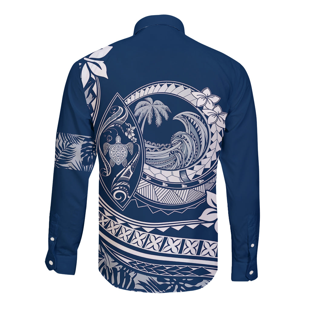 Polynesian Plumeria Long Sleeve Button Shirt Ride The Waves - Navy Blue - Wonder Print Shop