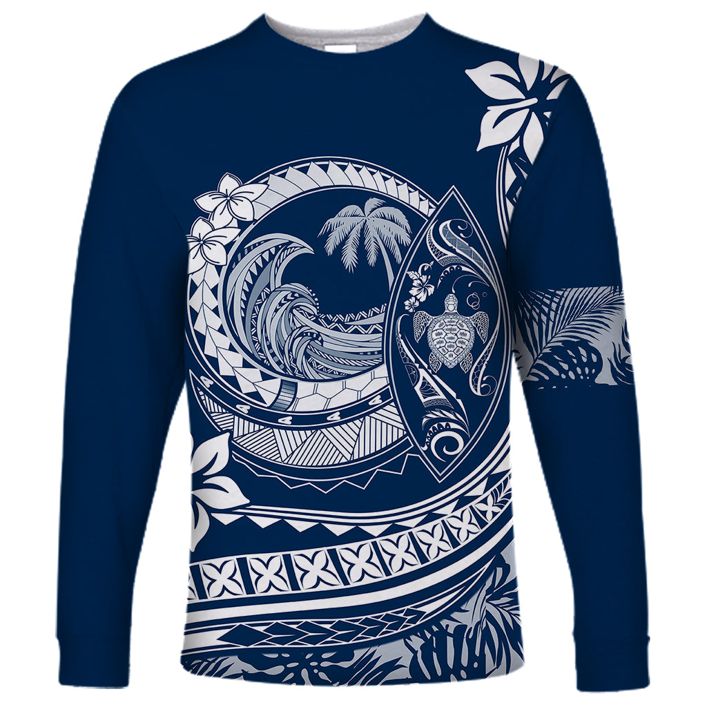 Polynesian Plumeria Long Sleeve Shirt Ride The Waves - Navy Blue - Wonder Print Shop