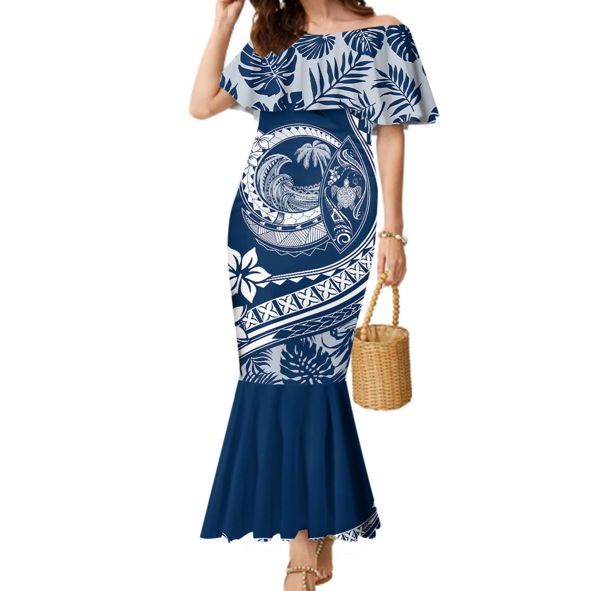 Polynesian Plumeria Mermaid Dress Ride The Waves - Navy Blue - Wonder Print Shop