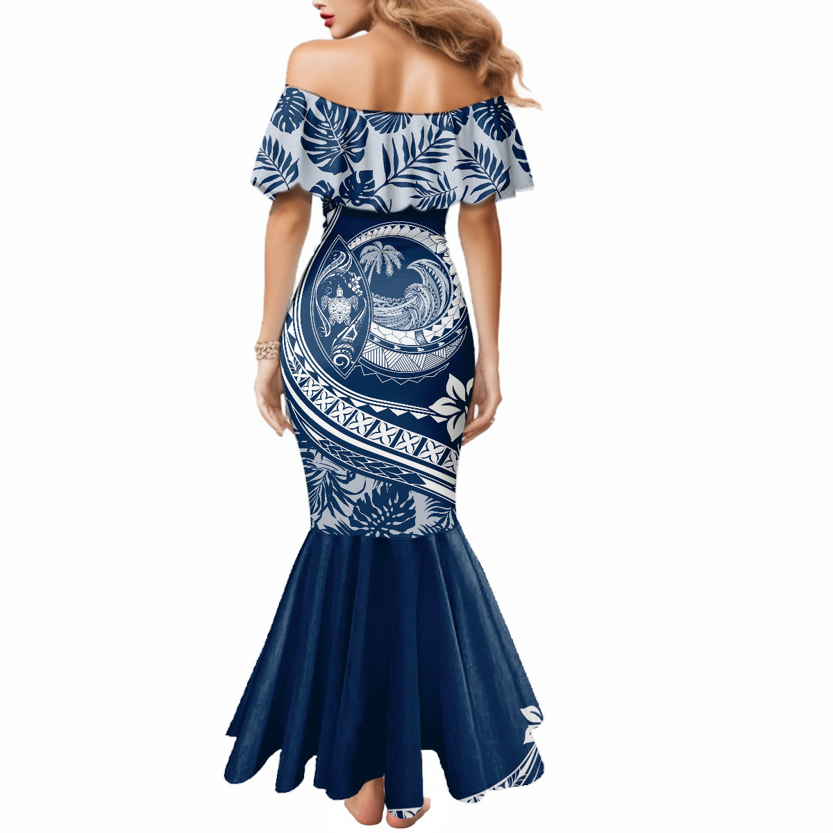 Polynesian Plumeria Mermaid Dress Ride The Waves - Navy Blue - Wonder Print Shop