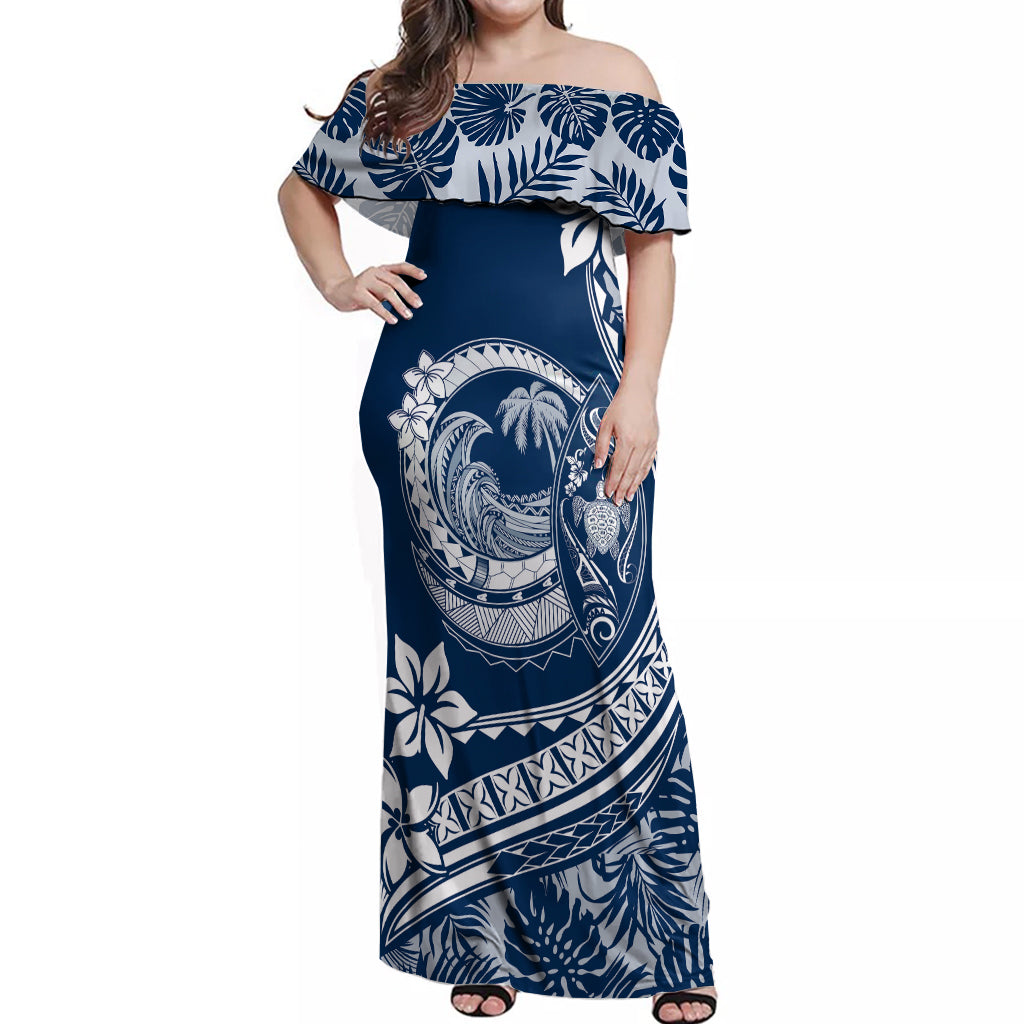 Polynesian Plumeria Off Shoulder Maxi Dress Ride The Waves - Navy Blue - Wonder Print Shop