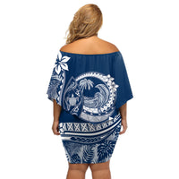 Polynesian Plumeria Off Shoulder Short Dress Ride The Waves - Navy Blue - Wonder Print Shop