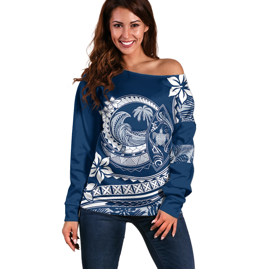 Polynesian Plumeria Off Shoulder Sweater Ride The Waves - Navy Blue - Wonder Print Shop