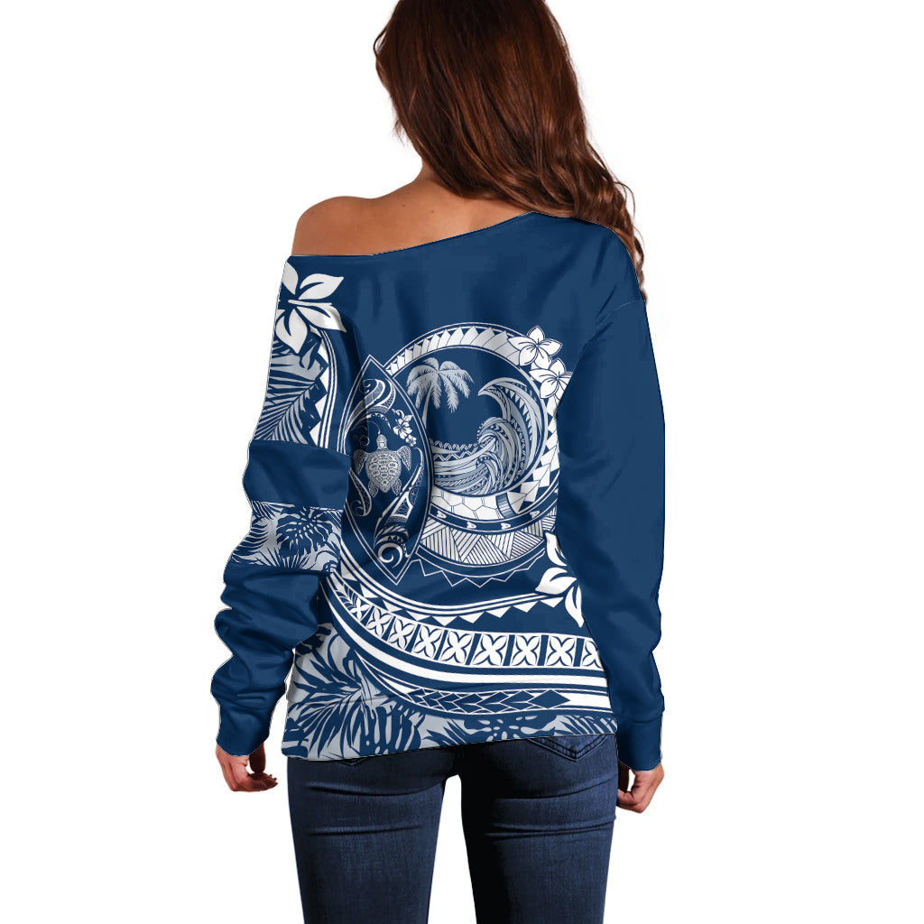 Polynesian Plumeria Off Shoulder Sweater Ride The Waves - Navy Blue - Wonder Print Shop