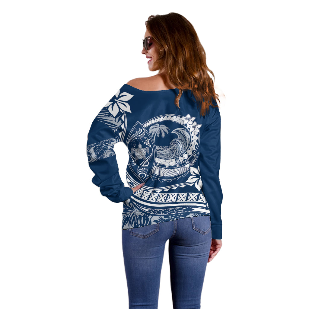 Polynesian Plumeria Off Shoulder Sweater Ride The Waves - Navy Blue - Wonder Print Shop