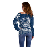 Polynesian Plumeria Off Shoulder Sweater Ride The Waves - Navy Blue - Wonder Print Shop