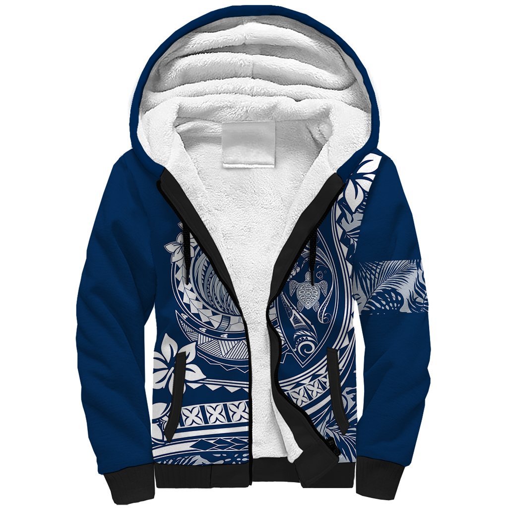 Polynesian Plumeria Sherpa Hoodie Ride The Waves - Navy Blue - Wonder Print Shop