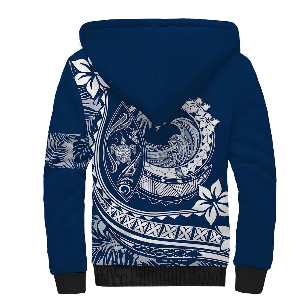 Polynesian Plumeria Sherpa Hoodie Ride The Waves - Navy Blue - Wonder Print Shop