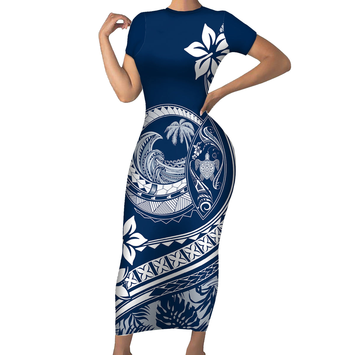 Polynesian Plumeria Short Sleeve Bodycon Dress Ride The Waves - Navy Blue - Wonder Print Shop