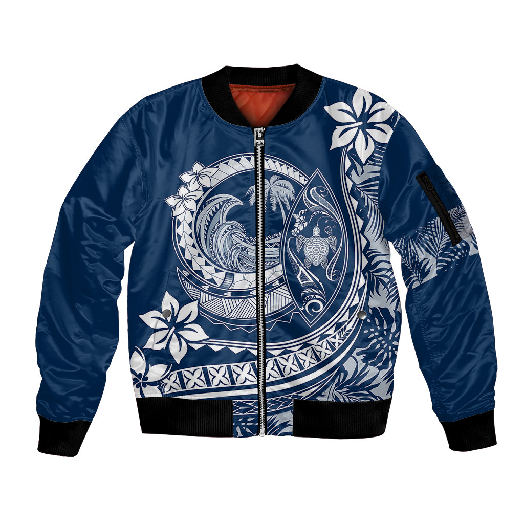 Polynesian Plumeria Sleeve Zip Bomber Jacket Ride The Waves - Navy Blue - Wonder Print Shop