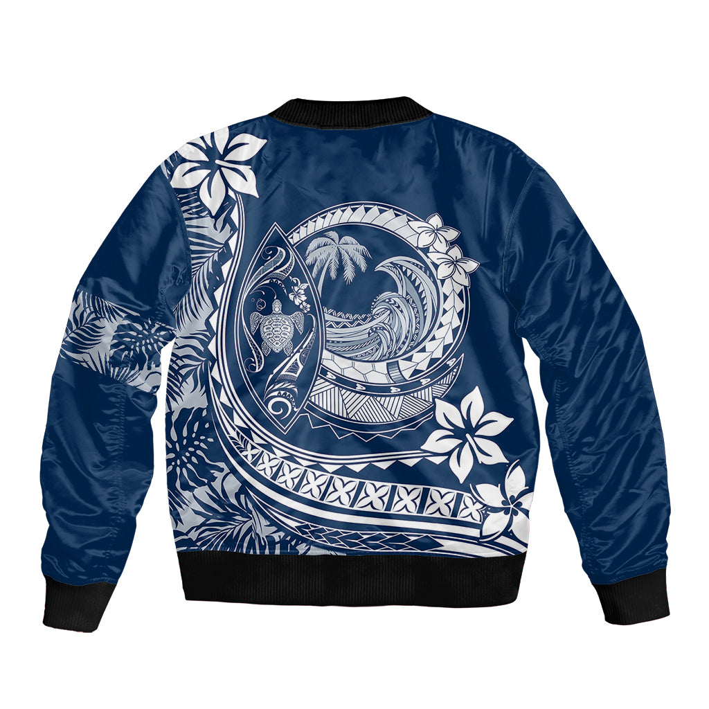 Polynesian Plumeria Sleeve Zip Bomber Jacket Ride The Waves - Navy Blue - Wonder Print Shop